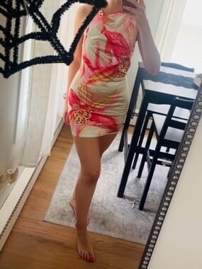 Tropical Pink & Cream Floral Halter Mini Dress